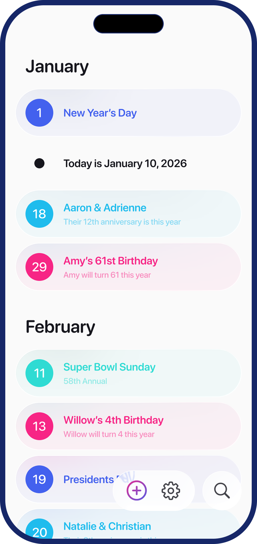 Every Year showing January and February with birthdays, anniversaries, and holidays