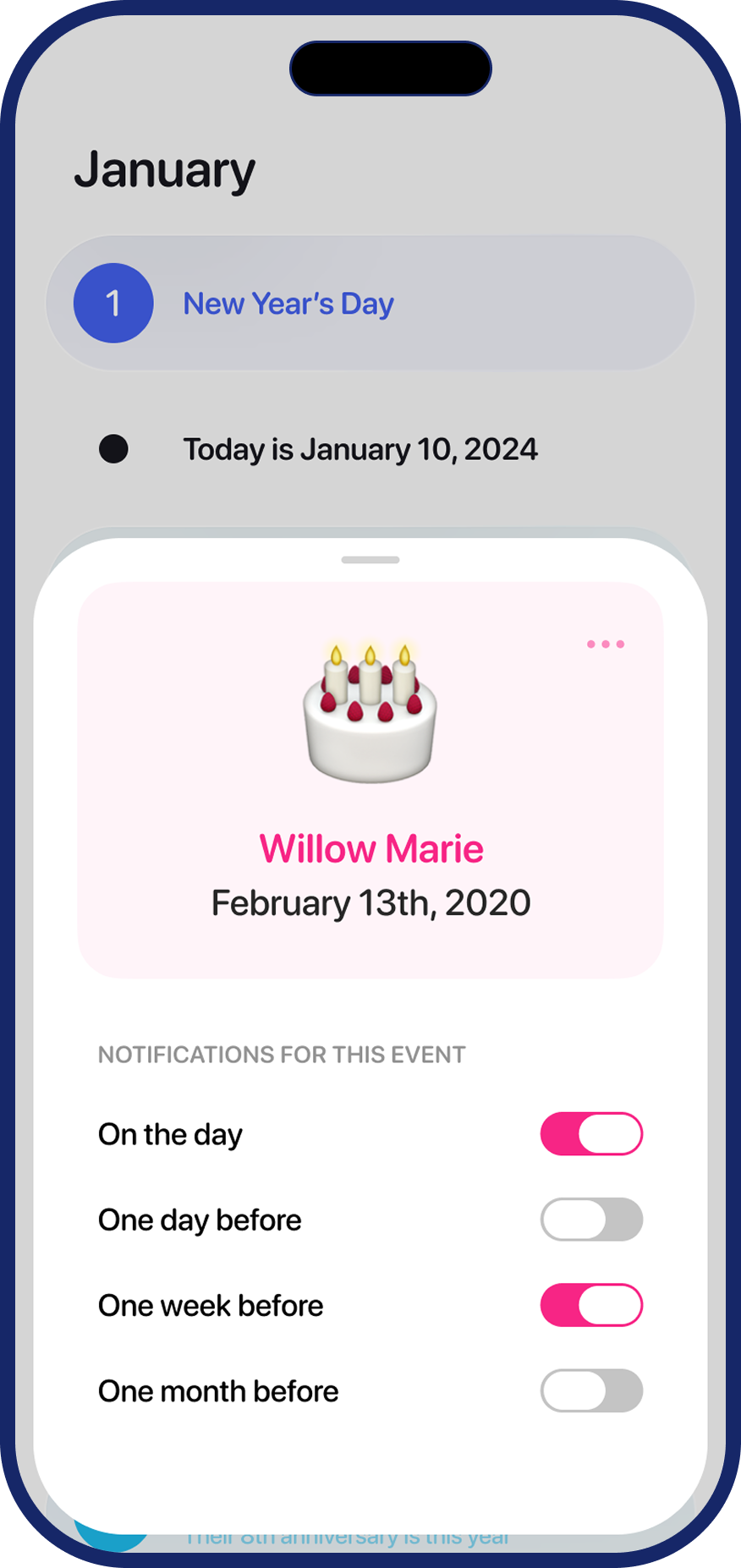 Per-event notification toggles for on the day, one day before, one week before, and one month before